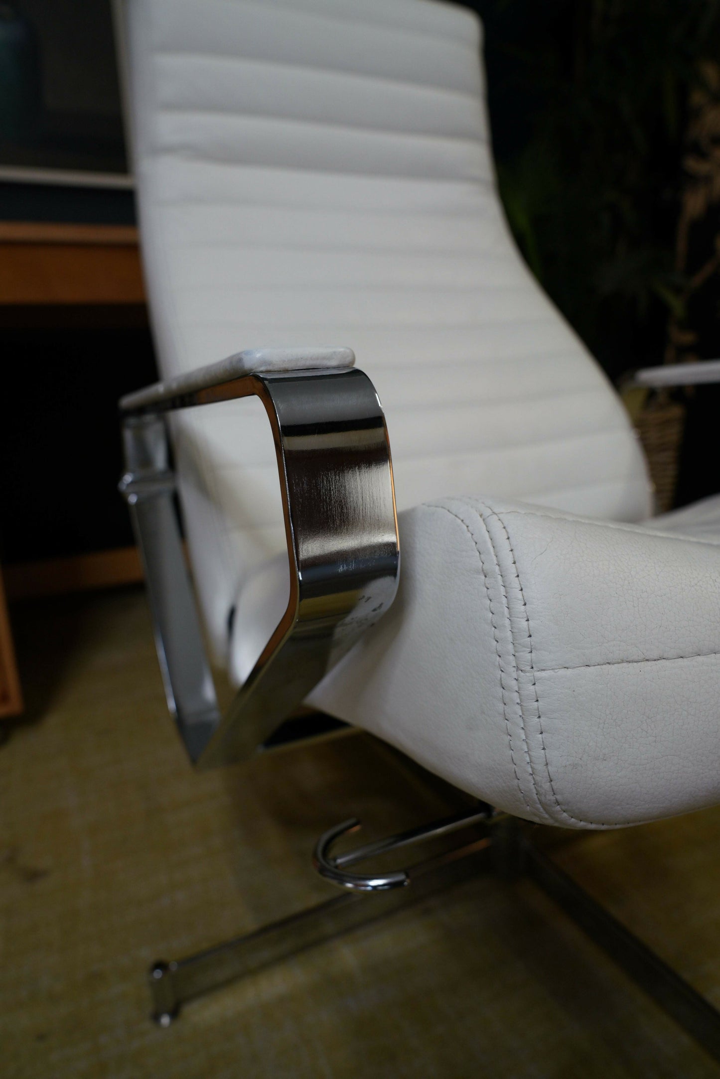 Vintage Danish Modern High Back Swivel Lounge Chair | Chrome & White Leather