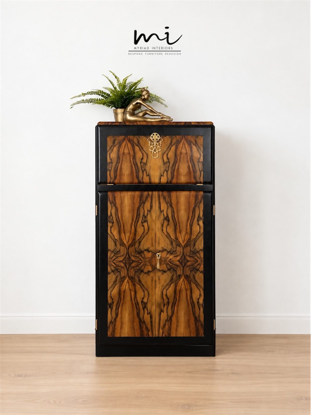 Refinished Art Deco Burl Walnut Cocktail Cabinet In Black With Gold Design. 1930s drink cabinet. Gin bar. Refurbished. sideboard slim narrow