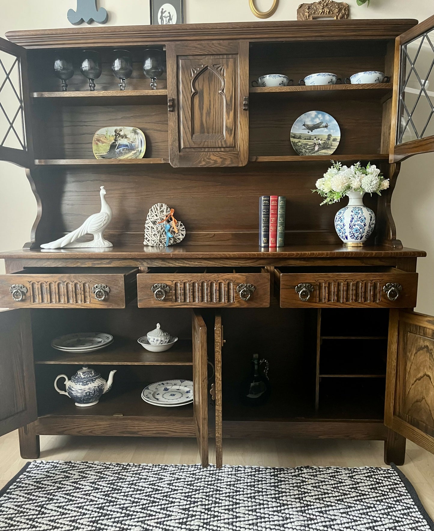 Stained Oak Dresser by Webber Furniture: Leaded Glass Display