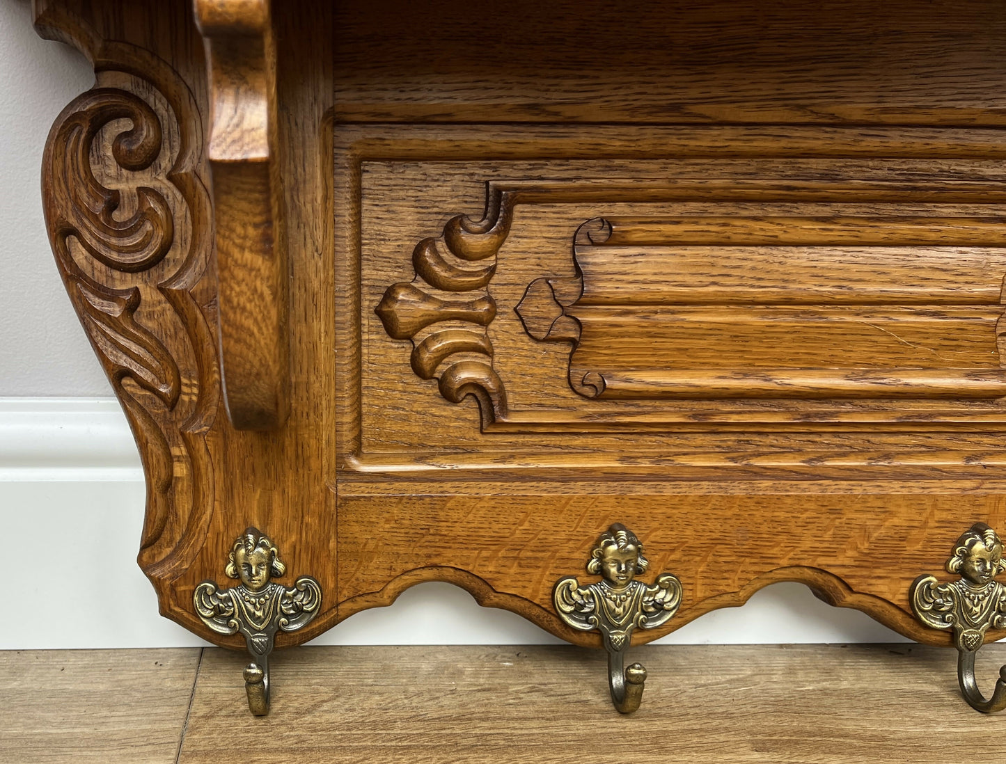 Coat Rack Vintage French Oak Wall Mounted 6 Hooks Carved Rack Hanger LOT 6304
