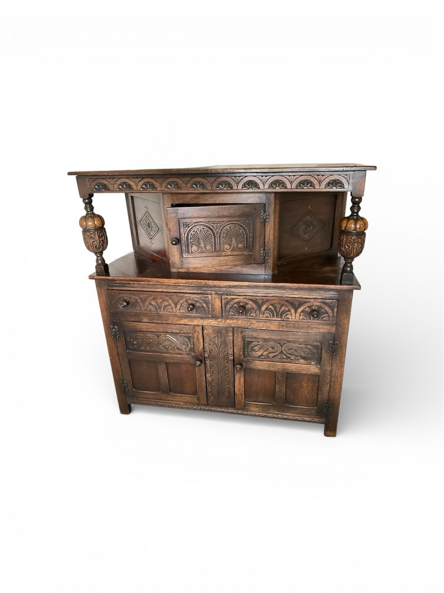 Ornately Carved, Vintage Old Charm Style Oak Court Cupboard/Buffet