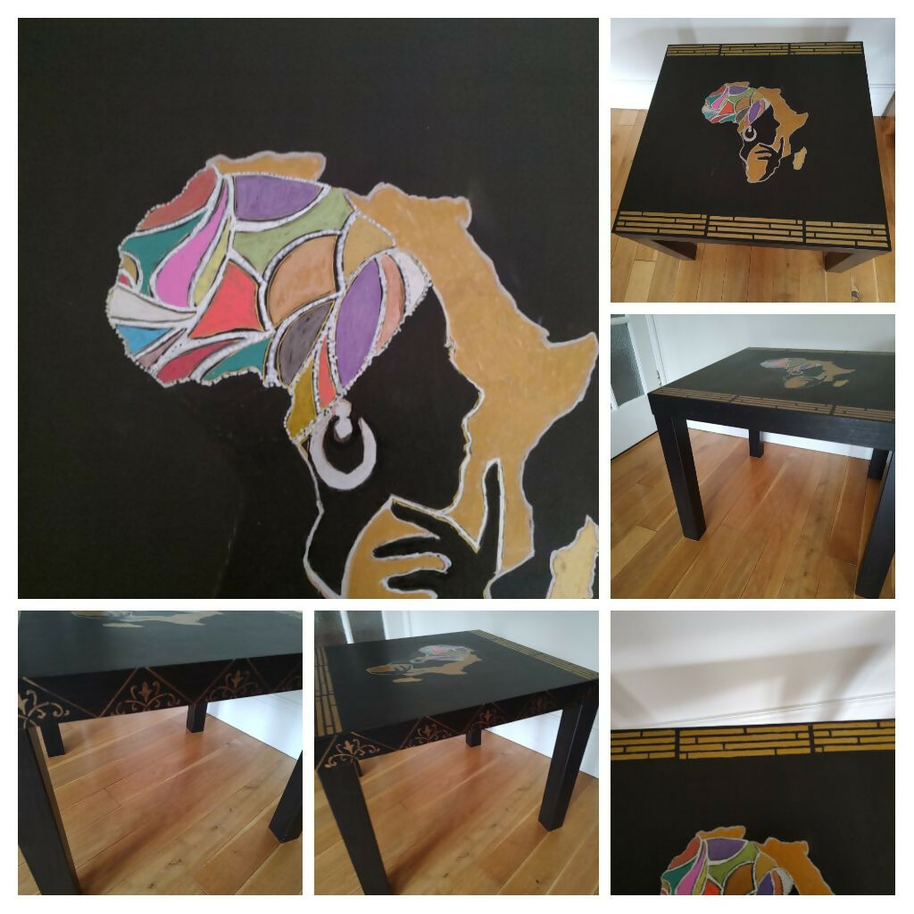 Black table with stunning African woman/map feature -Giving furniture a second life with soul