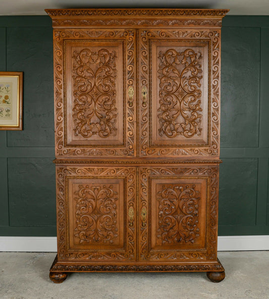 Antique French Walnut Linen Press Housekeepers Cupboard - Ornately Carved
