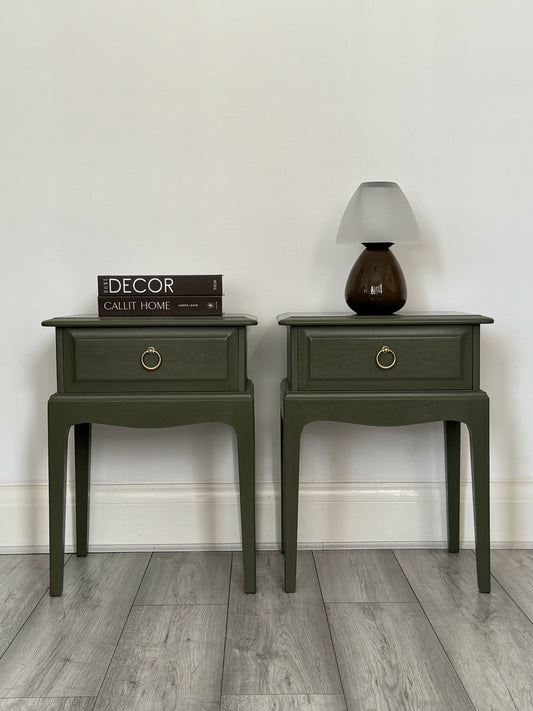 Pair Of Vintage Stag Minstrel Bedside Tables Cabinets Leggy ,Olive Green Elegance , Painted In Fusion Mineral Paint