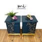 Pretty Refurbished Stag Minstrel 4 drawer bedside tables, navy blue with gold foil design, bird song, nightstands, vintage, blossom art deco