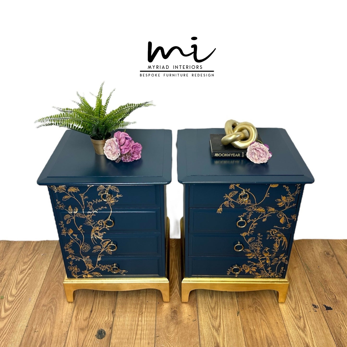 Pretty Refurbished Stag Minstrel 4 drawer bedside tables, navy blue with gold foil design, bird song, nightstands, vintage, blossom art deco