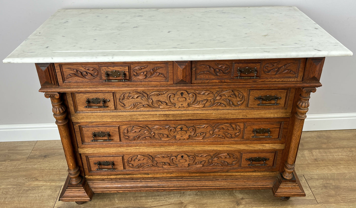 Chest of Drawers Antique French Style Oak Marble Top Carved Cabinet LOT 6450