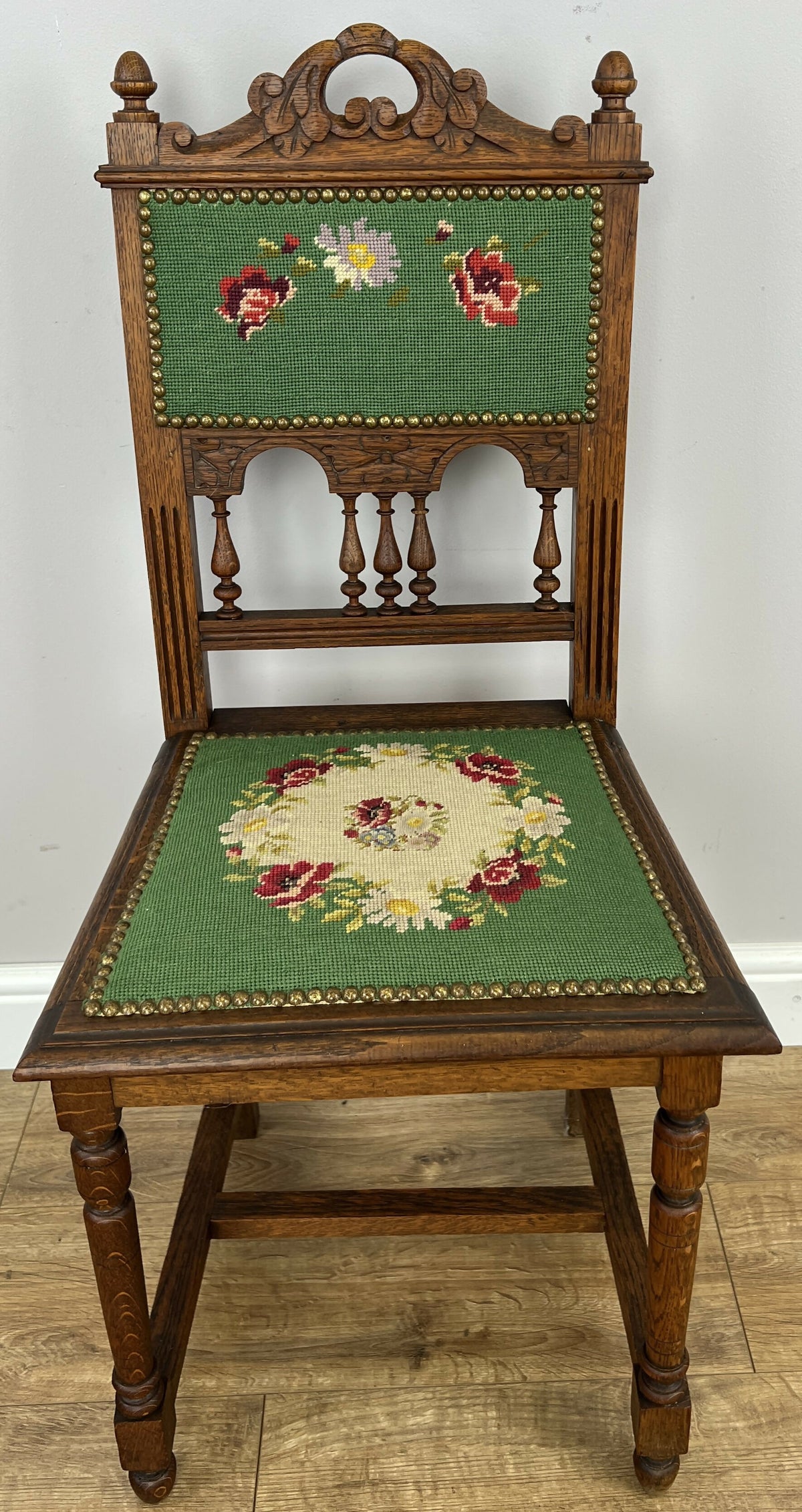 Pair of Chairs Antique French Style Oak Floral Upholstered Chairs LOT 6515