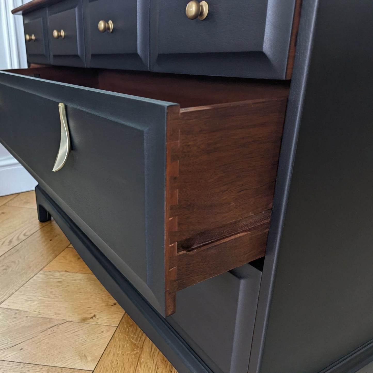 Stag Mid-Century Modern Black Chest of Drawers, Cherry Wood, Gold Leaf Knobs