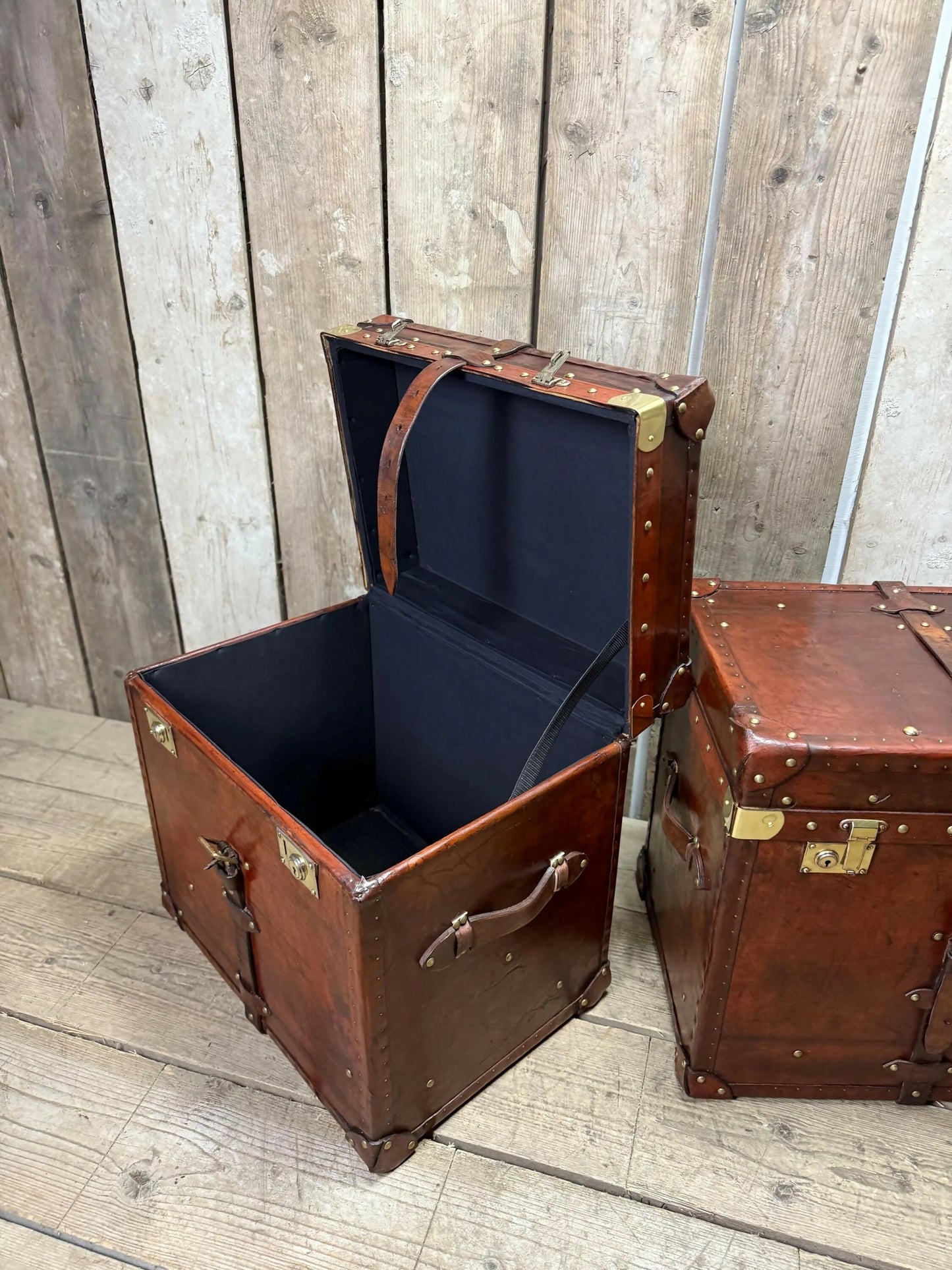Antique Chestnut Leather Designer Belting Trunks