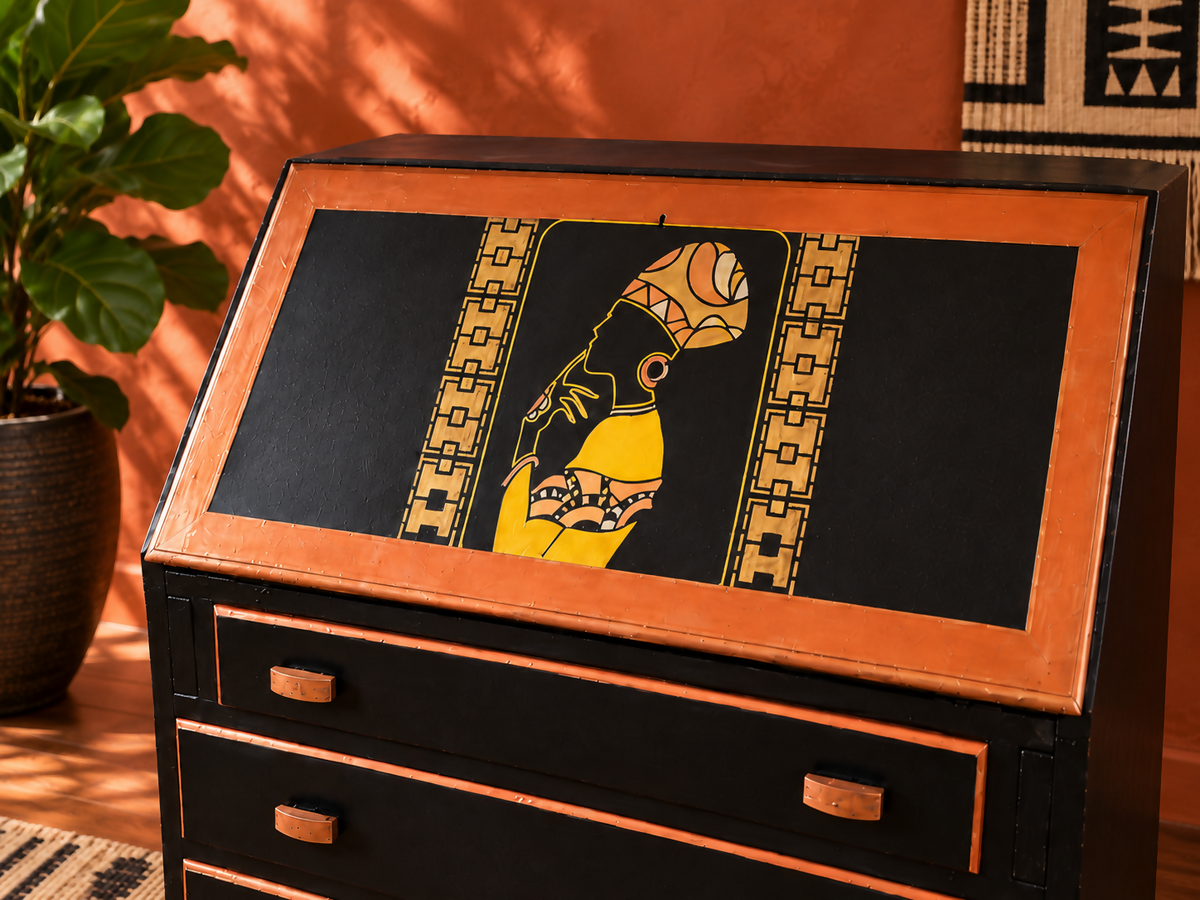 THE AFRICAN ASPECTS UPCYCLED - ONE-OFF FURNITURE ART “Echoes of Her” black, gold and copper bureau