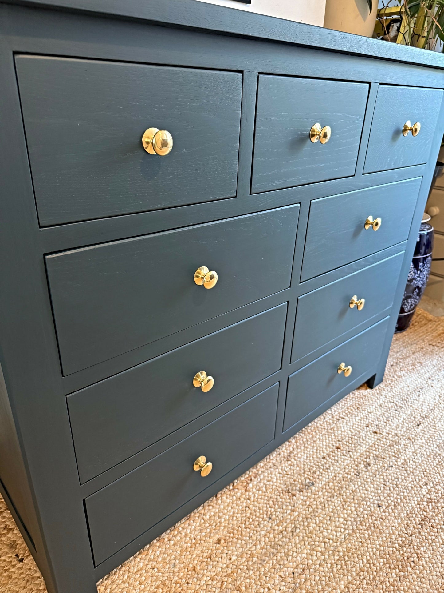 Newly refurbished solid oak chest of drawers bank of drawers dresser blue sideboard