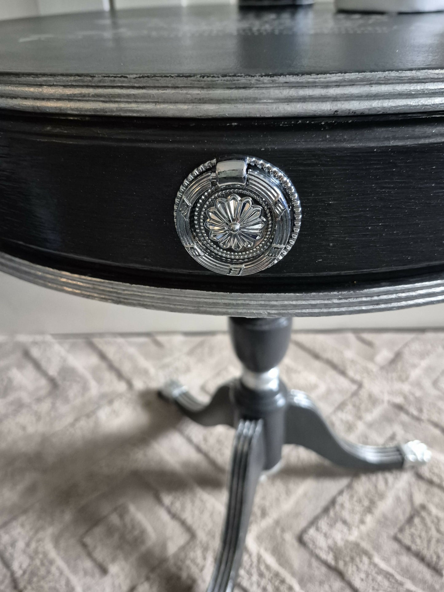 Hand Painted Vintage Accent Table in Anthracite Grey with Silver Leaf & French Stencil Detail