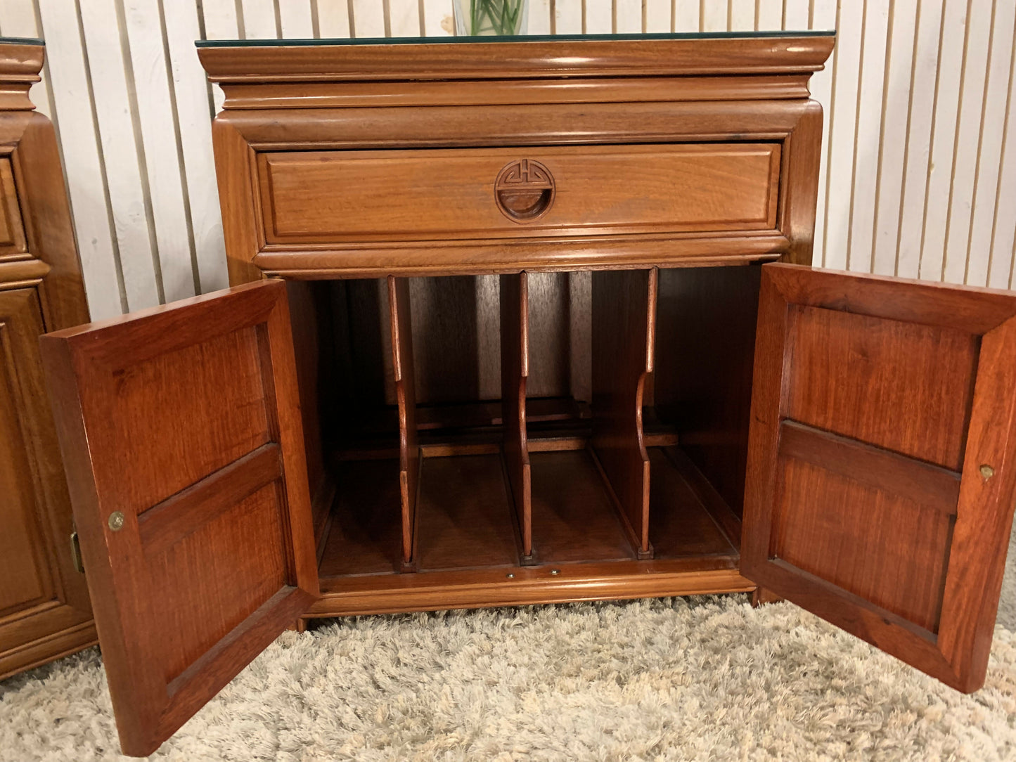 Two End Table/ bedside Carved Chinese with 1 drawer ,2 door and a glass top