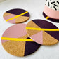 SOLD Set of 4 Cork Coasters - Hand Painted Geometric/Modern Design (Pink/Yellow/Purple)