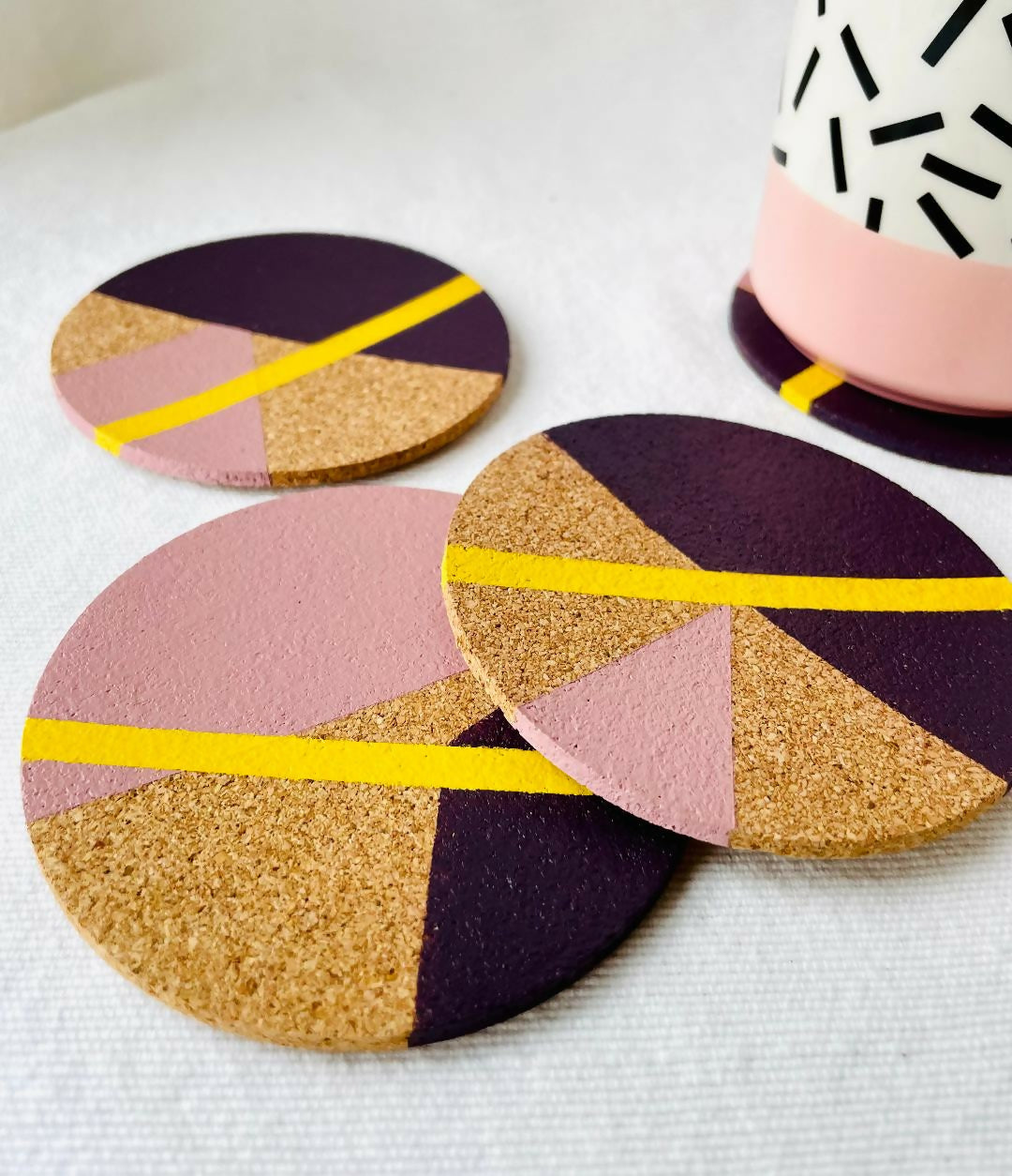 SOLD Set of 4 Cork Coasters - Hand Painted Geometric/Modern Design (Pink/Yellow/Purple)