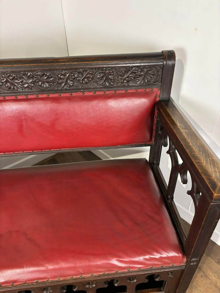 Victorian Carved Oak Gothic Revival Bench Settle