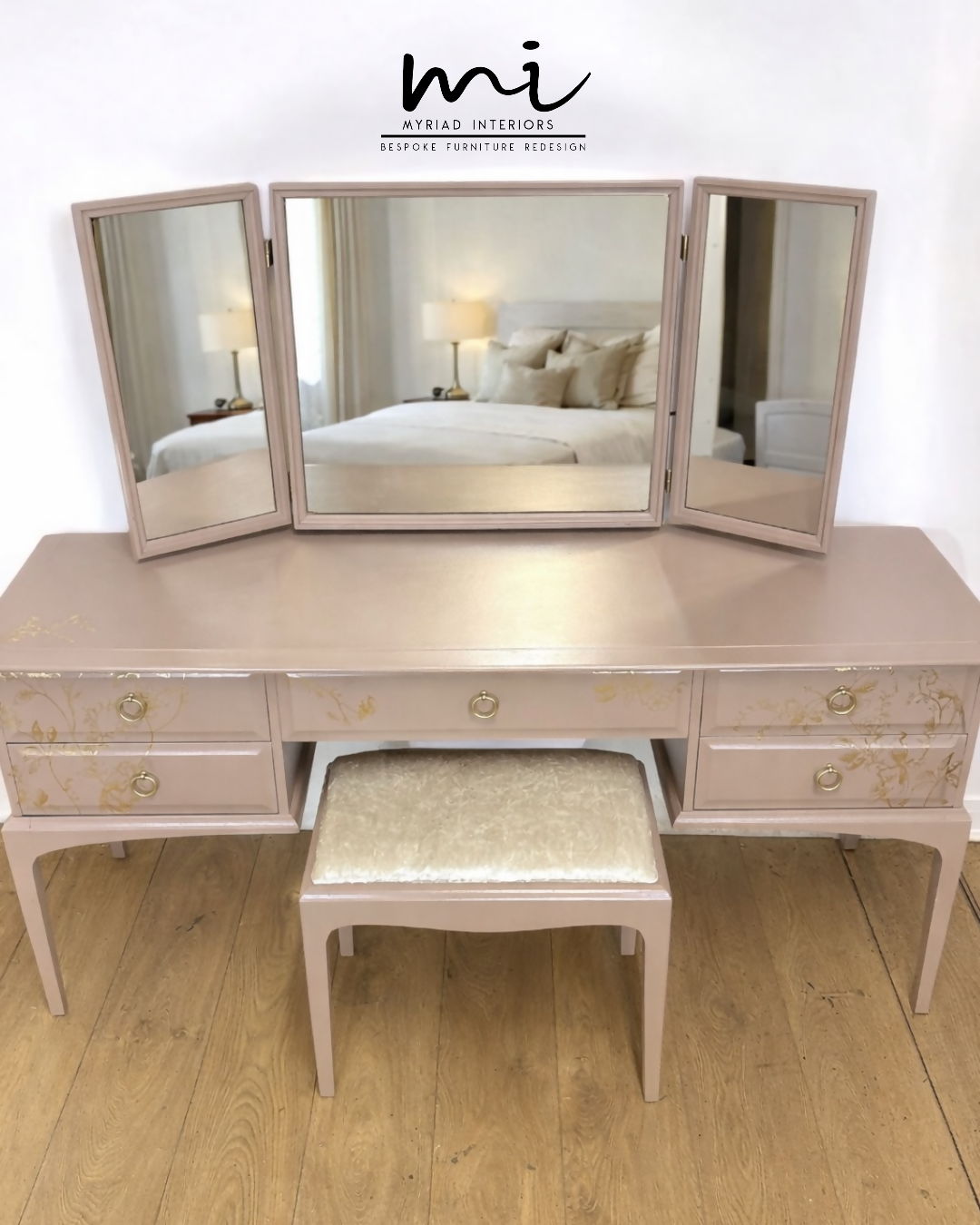 Painted to Order Pretty Dusky pink Stag Minstrel dressing table art with gold birds and flower design. Rose