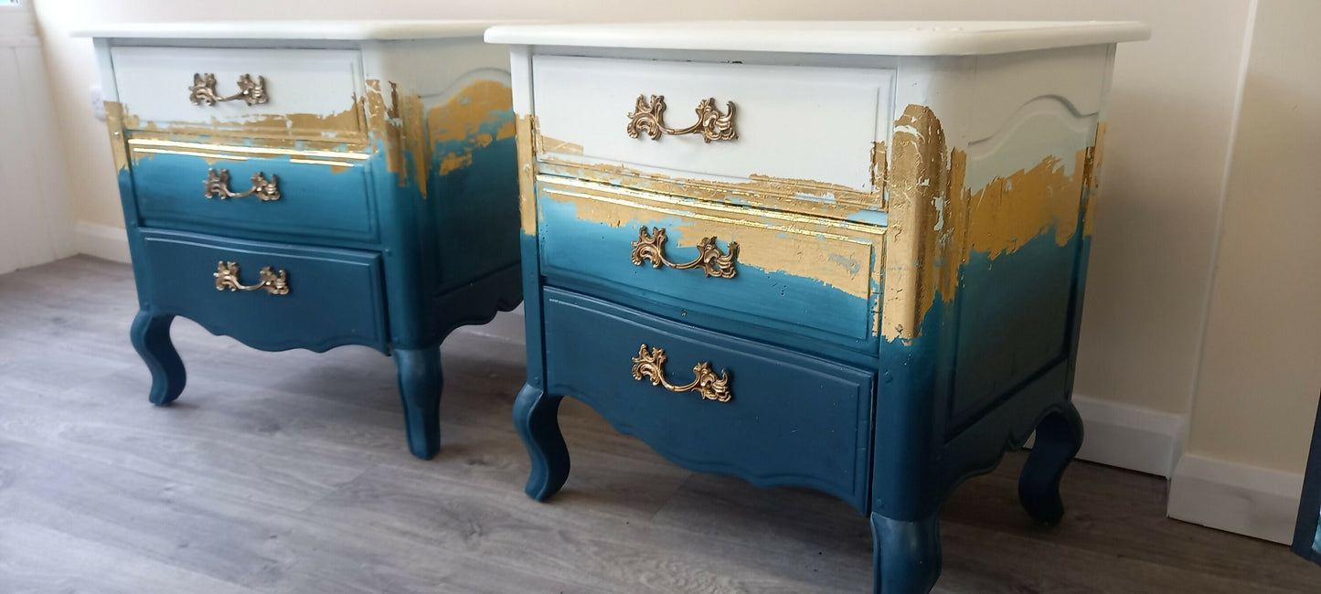Teal Ombre Bedside Tables with Gold Leaf: Upcycled Bedroom Furniture