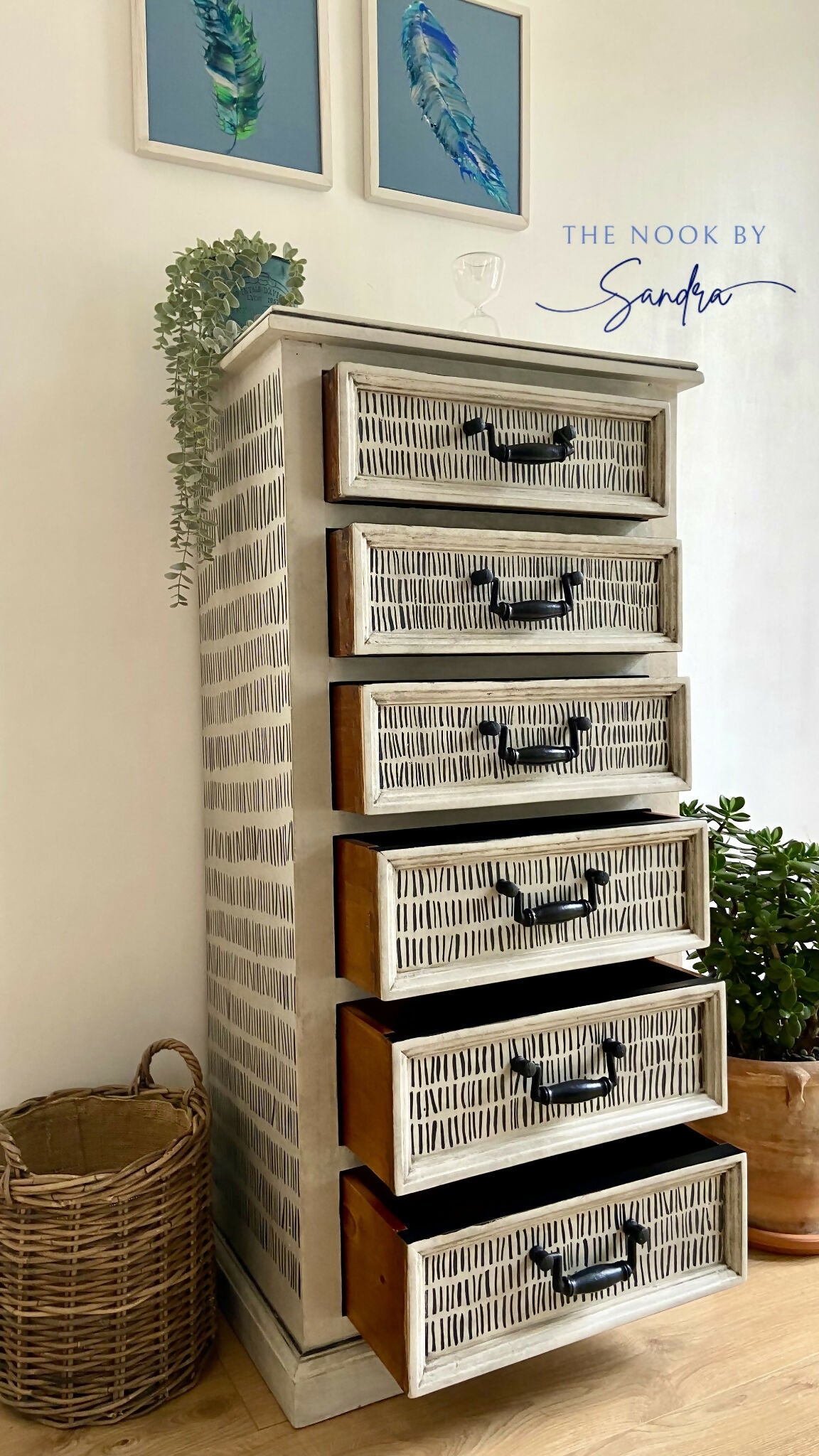 Hand-Painted Tallboy Chest of Drawers in Artisan Dash Pattern, Upcycled Furniture