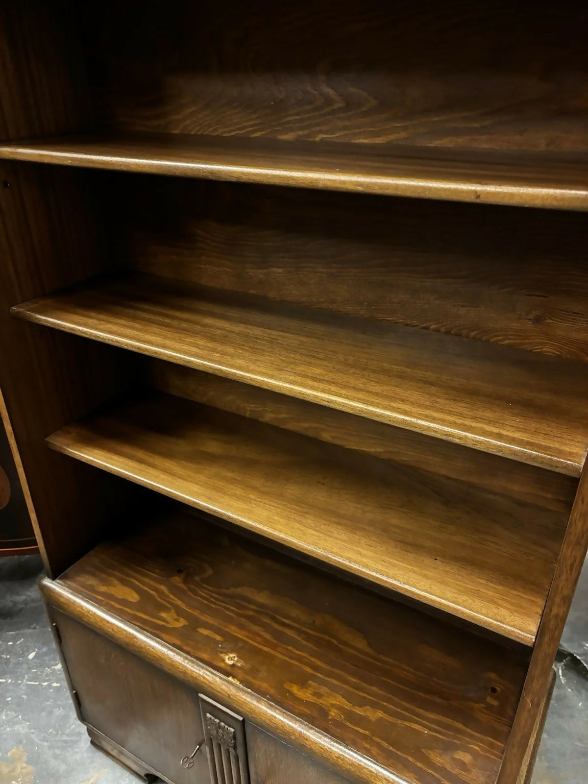 Vintage Oak Bookcase , Adjustable Shelves, With Keys For Bottom Cupboards.