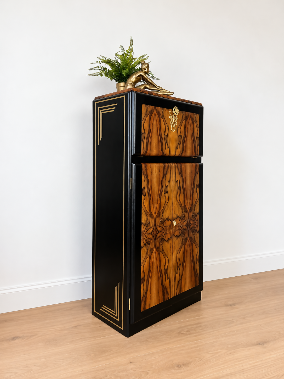 Refinished Art Deco Burl Walnut Cocktail Cabinet In Black With Gold Design. 1930s drink cabinet. Gin bar. Refurbished. sideboard slim narrow