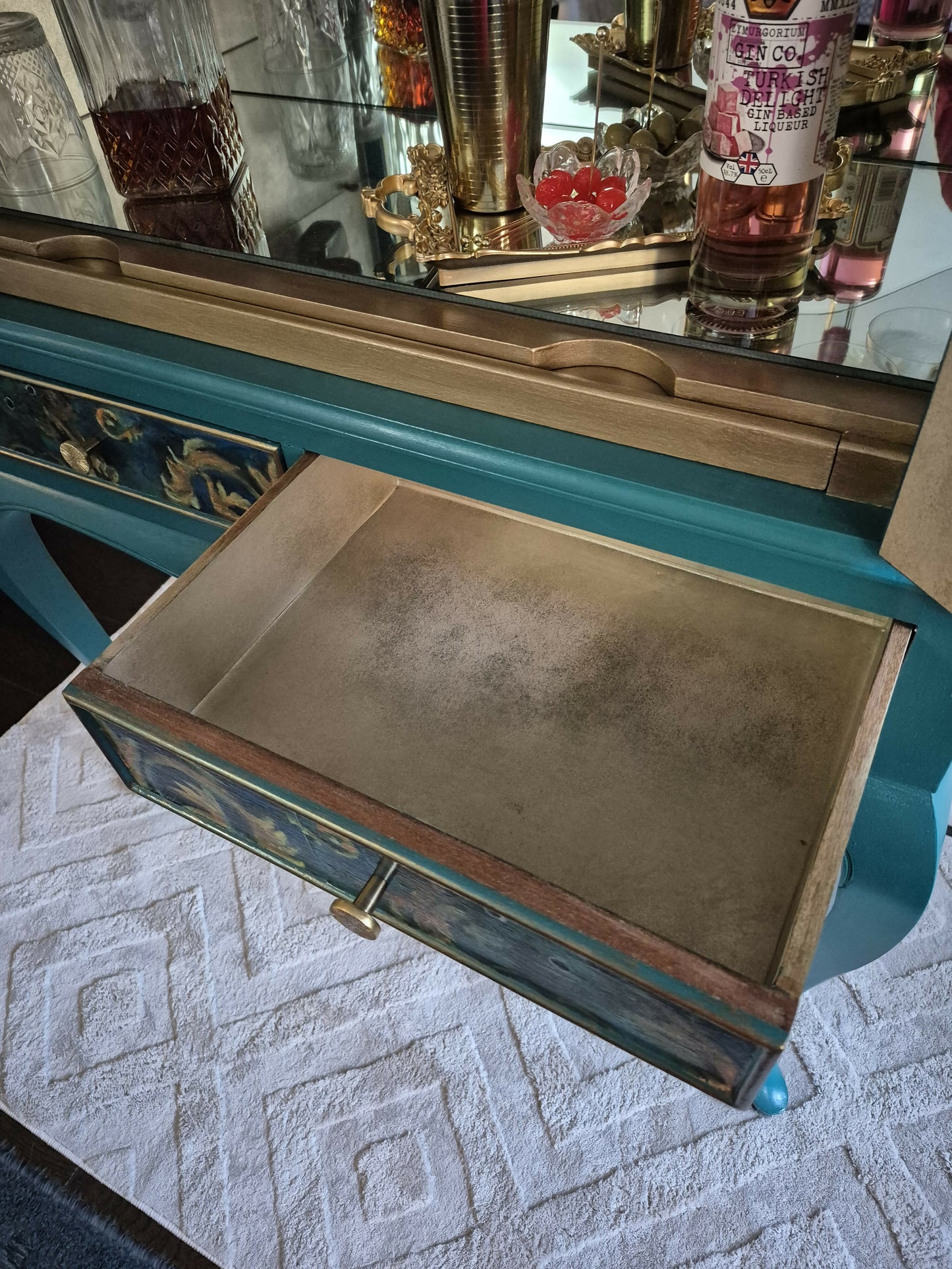 Exquisite Edwardian Cocktail Cabinet Luxury Upcycled – Teal & Peacock Decoupage, Mirrored Bar with LED & Gold Interior