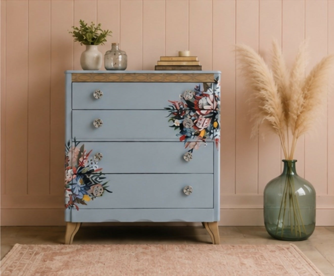 Harris Lebus Vintage Chest Of Drawers Painted Pale Blue with Floral Transfers Botanical