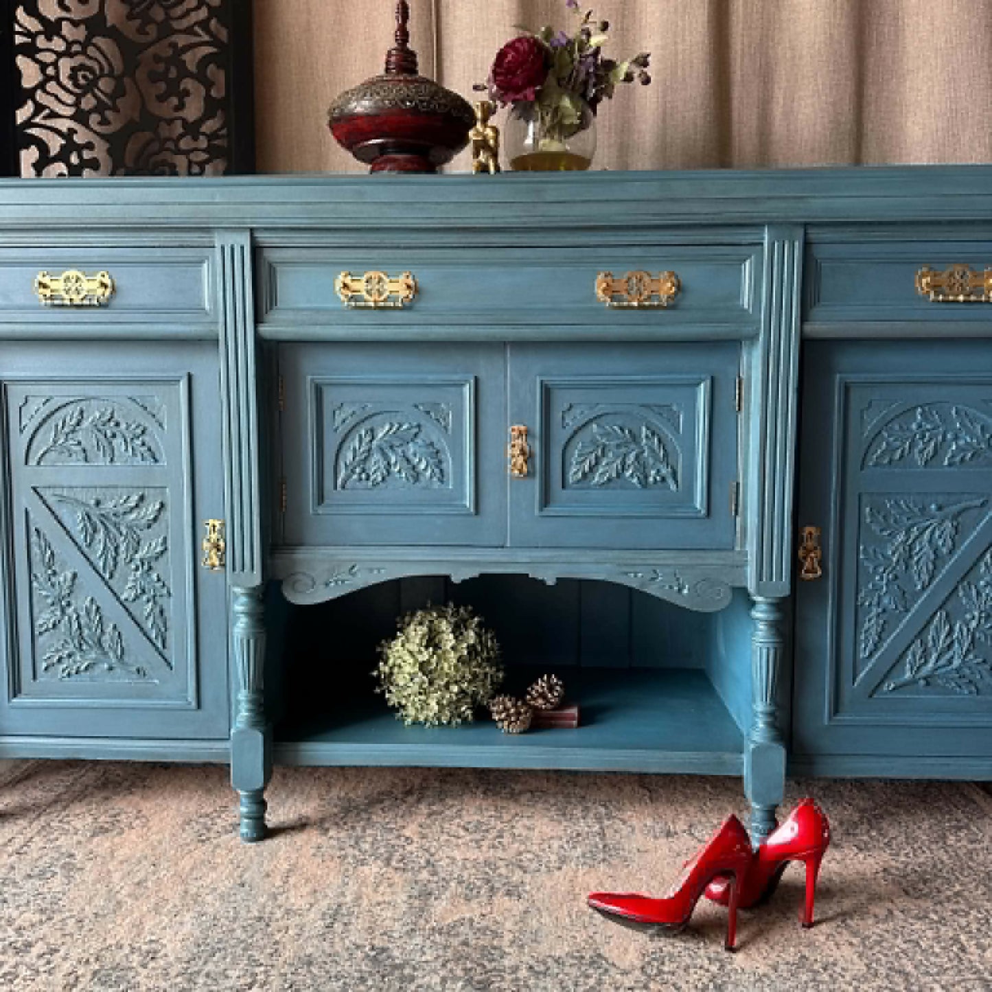 Blue Vintage Carved Sideboard