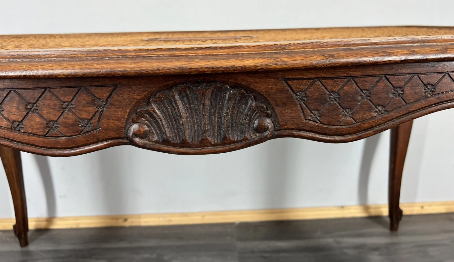 Coffee Table Vintage French Louis XV Cane Top Oak Carved Table LOT 3861
