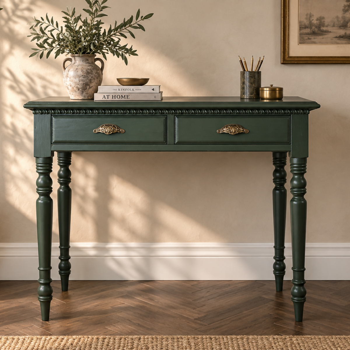 Vintage Green Writing Desk, Painted Desk with Drawers, Dressing Table or Console Table