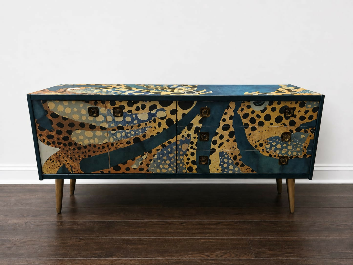 Midcentury Retro Painted Upcycled Sideboard Furniture White With Octopus Print. Commission Piece.