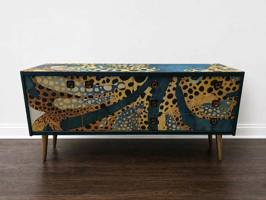 Midcentury Retro Painted Upcycled Sideboard Furniture White With Octopus Print. Commission Piece.