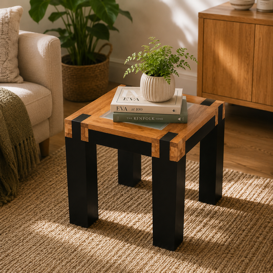 Oak Side Table with Glass Top, Black and Wood End Table, Revived Industrial Furniture, Handmade Bedside or Lamp Table, UK