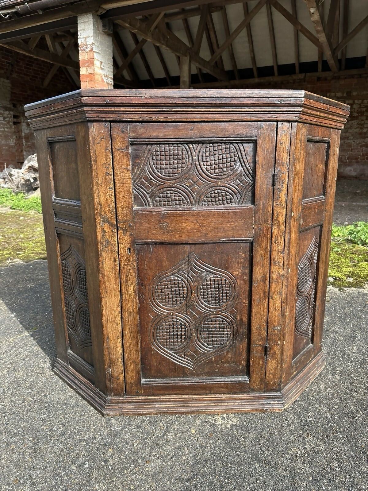 Antique Ecclesiastical Carved Oak Corner Kitchen Pantry Storage Cupboard