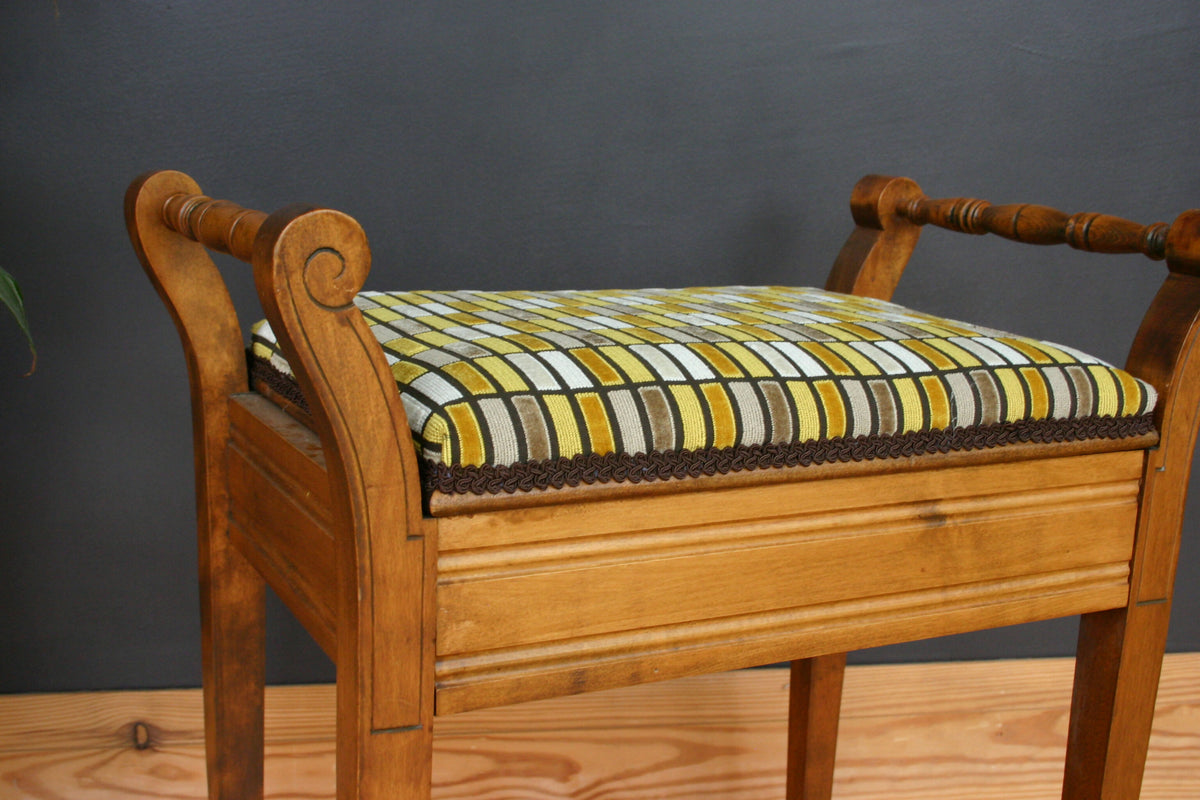 Edwardian Piano Stool – Newly Reupholstered in Bold Geometric Fabric | Vintage Statement Furniture