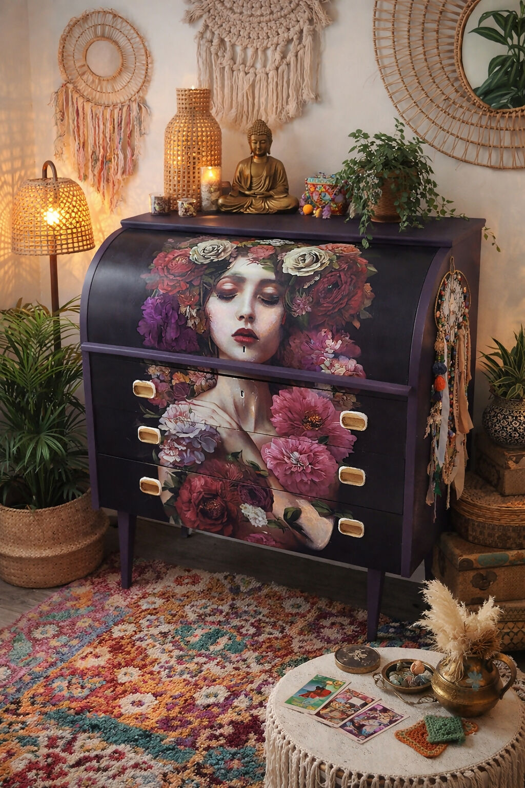 Hand‑Painted Egon Ostergaard Roll‑Top Bureau – Floral Portrait Art Furniture