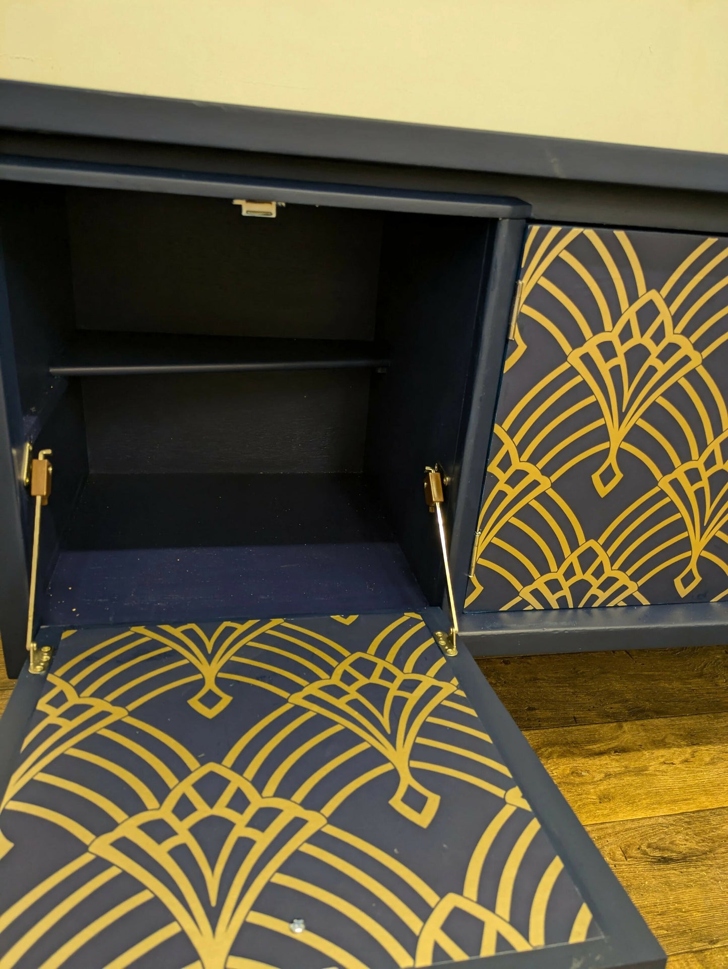 Vintage Midcentury Teak Sideboard: Navy & Gold Art Deco Cabinet