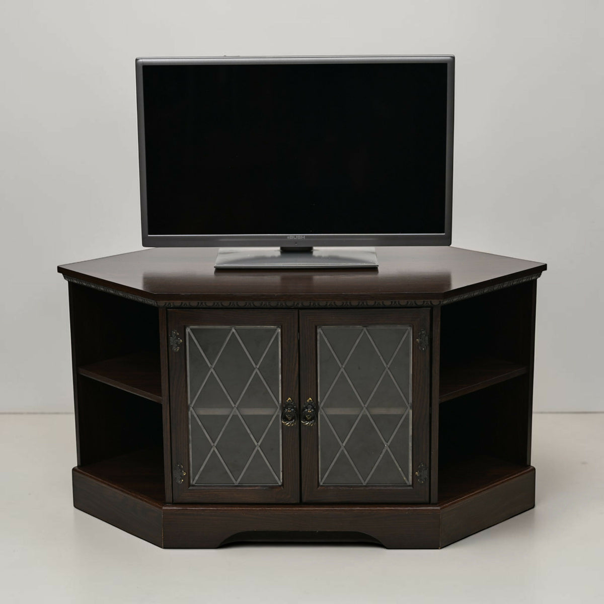 Corner TV Video Stand Leaded Glass Doors Media Player Shelf FREE* UK Delivery