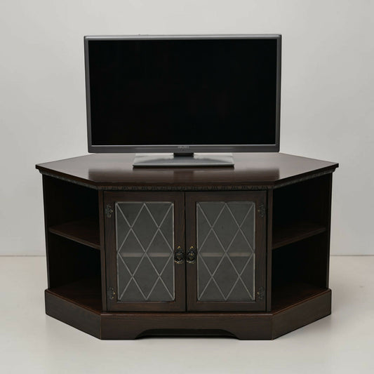 Corner TV Video Stand Leaded Glass Doors Media Player Shelf FREE* UK Delivery