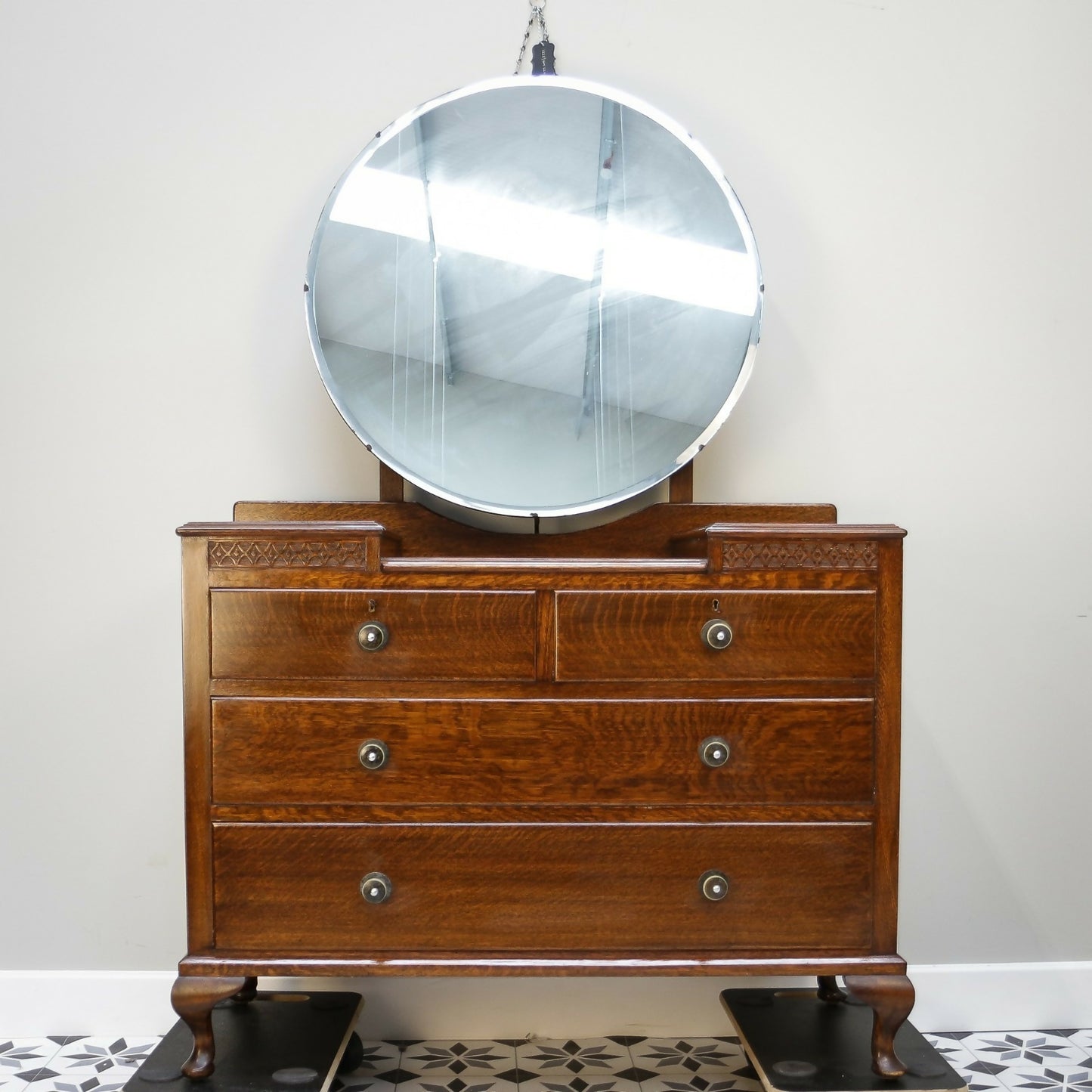 Vintage Carved Oak Dressing Table with Mirror 1930s