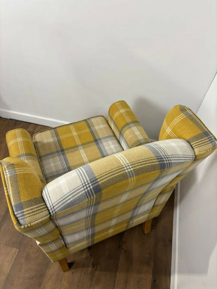 Modern Tartan Fireside Armchair – Upholstered Accent Chair in Mustard, Blue & White