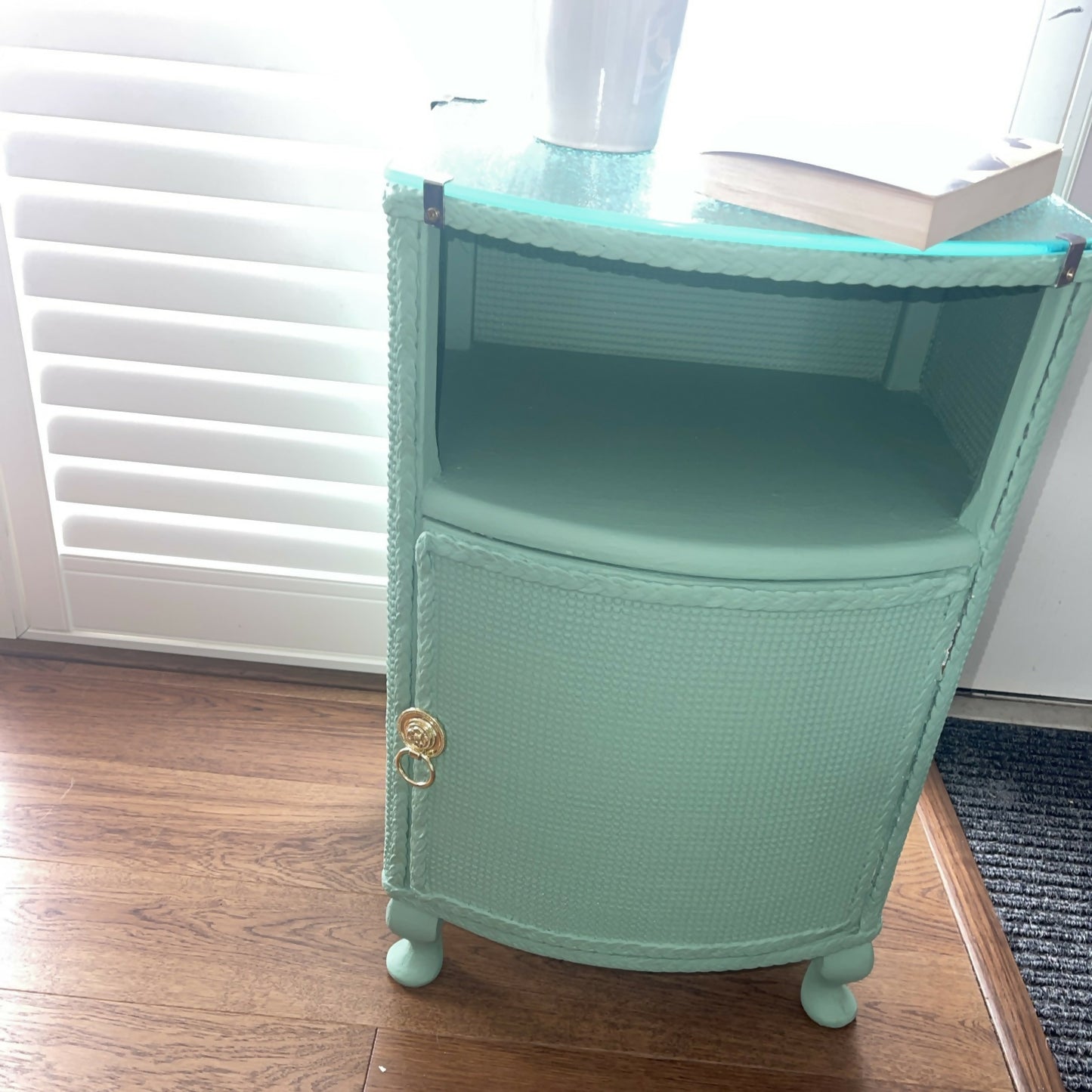 Occasional or bedside table. Green paint. Glass top.