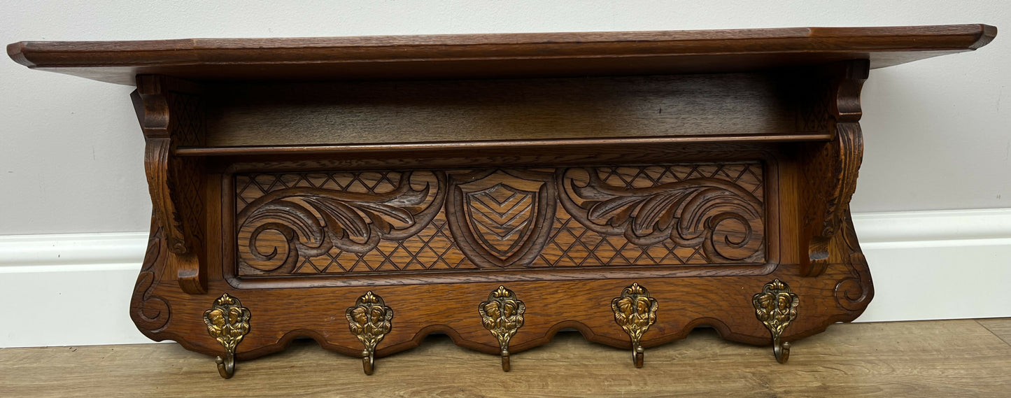 Coat Rack Vintage French Oak Wall Mounted 5 Hooks Carved Rack Hanger LOT 6294