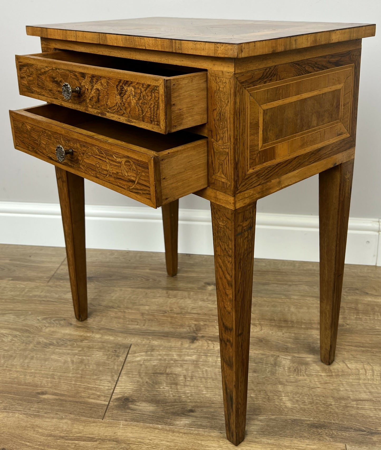 Bedside Table Vintage French Style Inlaid Burr Cabinet Carved Cupboard LOT 6289