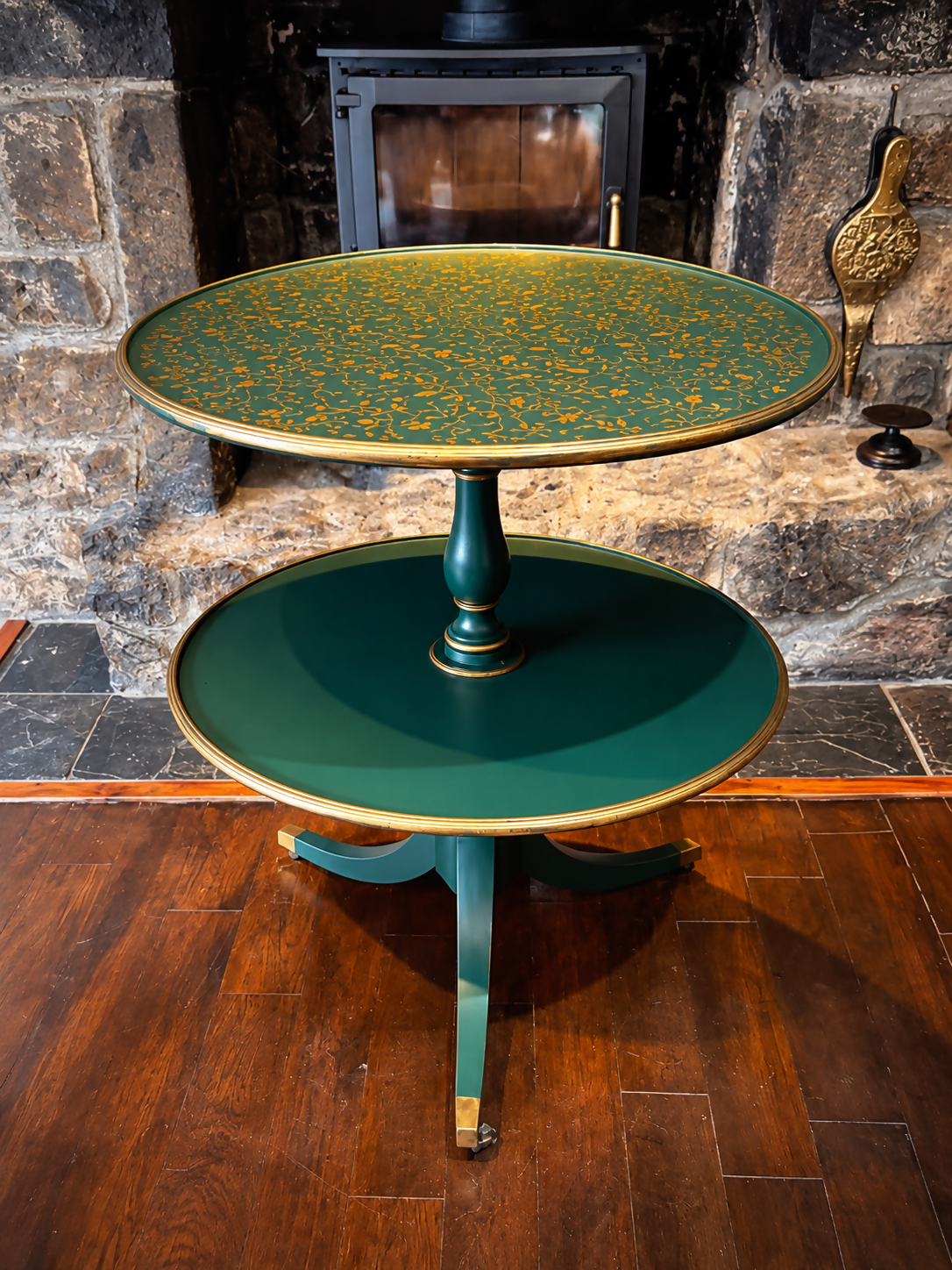 Vintage Two Tier Revolving Dumb Waiter Round Side Table In Green & Gold