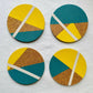 SOLD Set of 4 Cork Coasters - Hand Painted Geometric/Modern Design (Blue/Yellow/White)