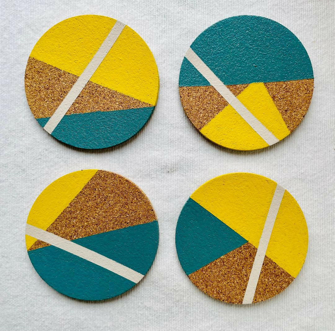 SOLD Set of 4 Cork Coasters - Hand Painted Geometric/Modern Design (Blue/Yellow/White)