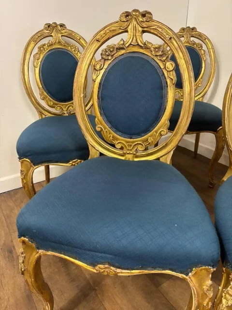 Set of Five Antique French Rococo Style Gilt Dining Chairs