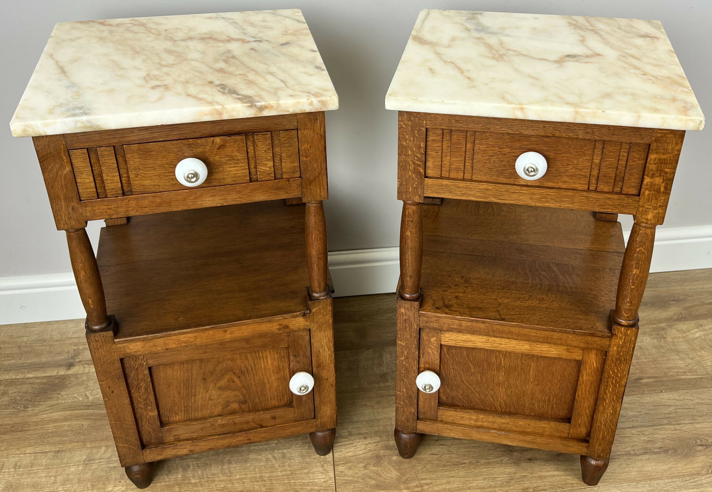 Pair of Bedside Tables Antique French Marble Top Oak Carved Cabinets LOT 6182